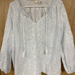 Joie Peasant Blouse Blue White Embroidered Boho Floral Tassel Linen Blend Medium